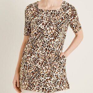 Chico's Leopard Print Tunic Top Sz Petite Large Short Sleeve Square Neck Pockets